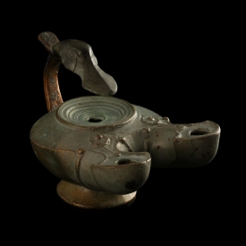 Roman bronze double-spouted oil lamp with duck head handle