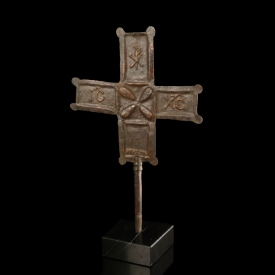 Byzantine bronze/copper Processional Cross on marble base