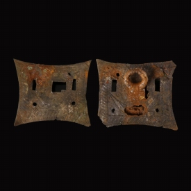 Roman bronze lock plates, one with iron key