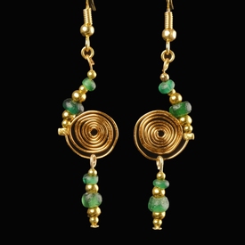 Earrings with Roman green glass beads - spiral design