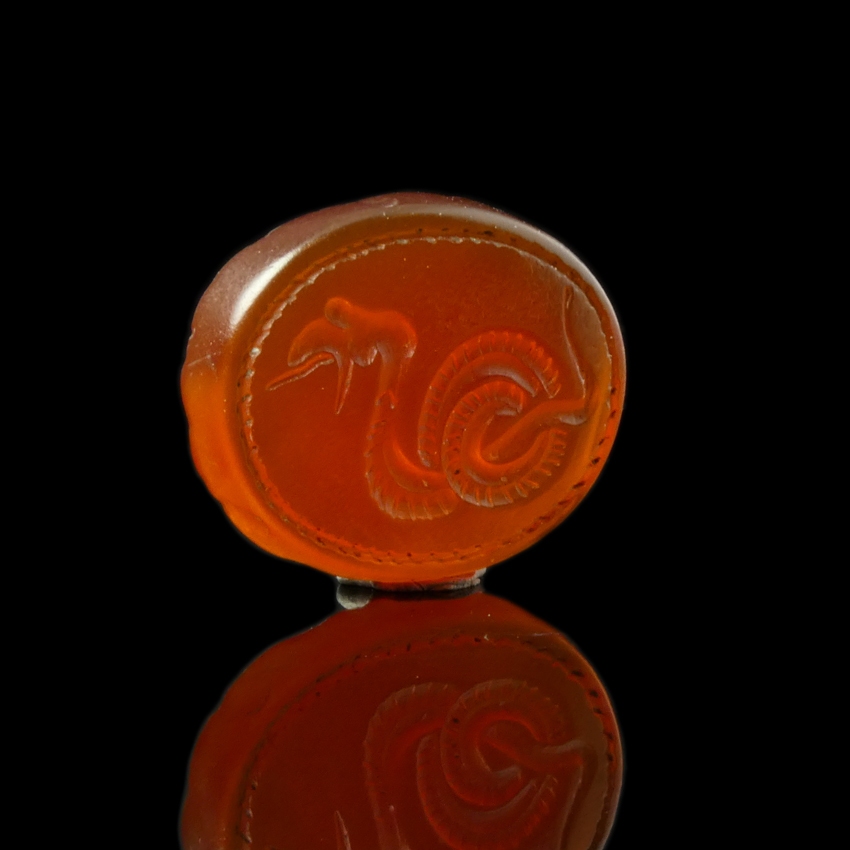 Ancient Greek carnelian intaglio with coiled snake