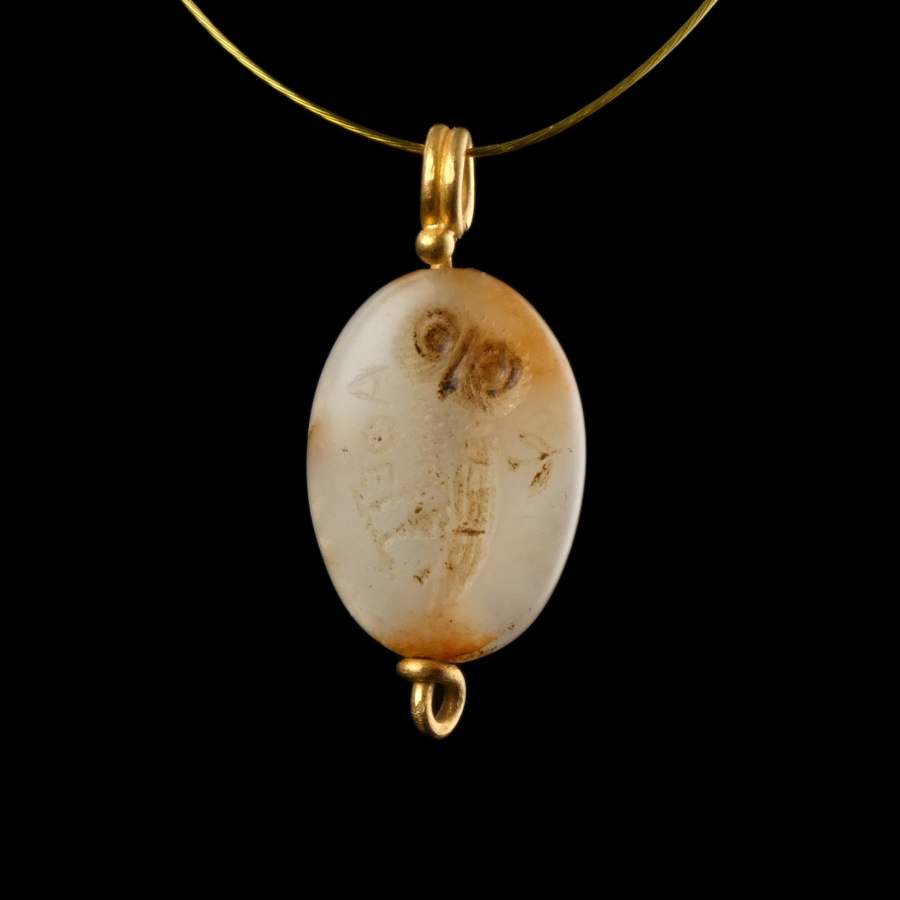 Ancient Greek stone and gold pendant with Athenian Owl