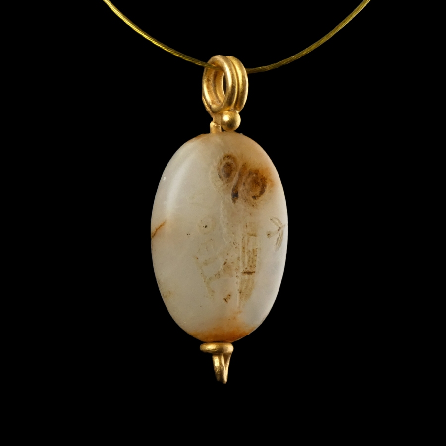 Ancient Greek stone and gold pendant with Athenian Owl