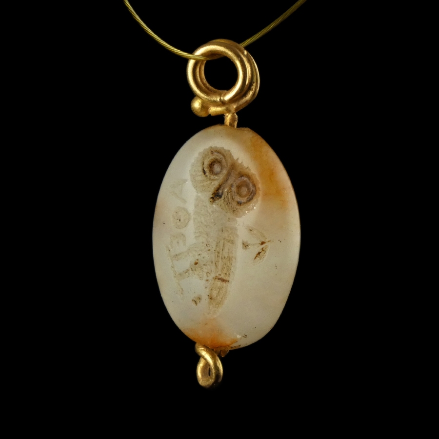 Ancient Greek stone and gold pendant with Athenian Owl