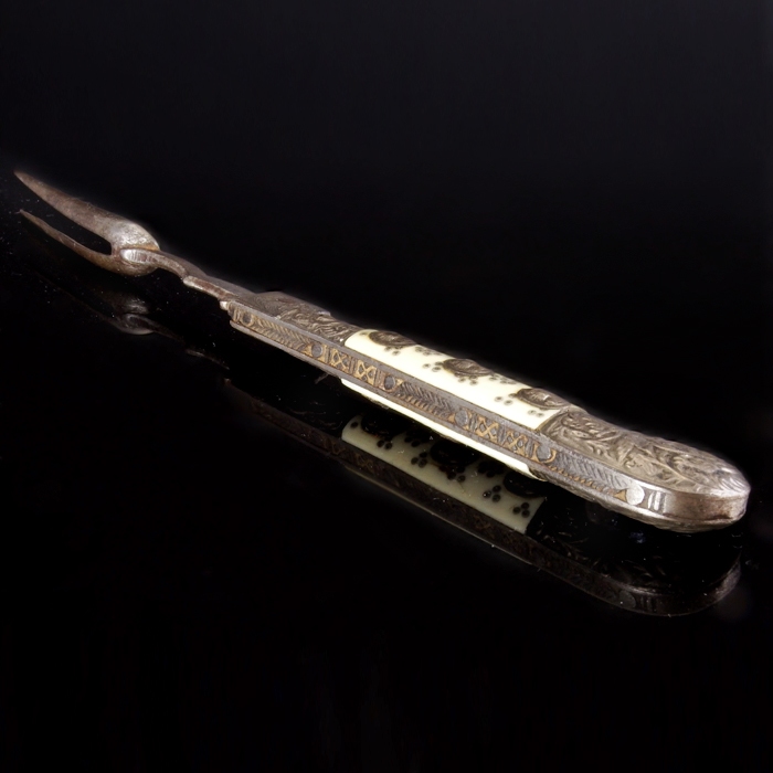 Antique folding fork with silver and bone handle