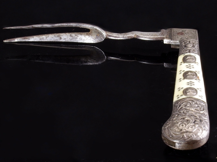 Antique folding fork with silver and bone handle