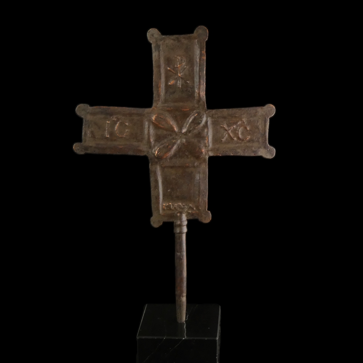 Byzantine bronze/copper Processional Cross on marble base