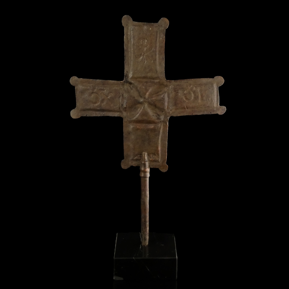 Byzantine bronze/copper Processional Cross on marble base