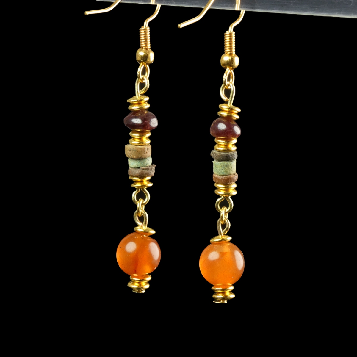 Earrings with Egyptian faience, carnelian and garnet beads