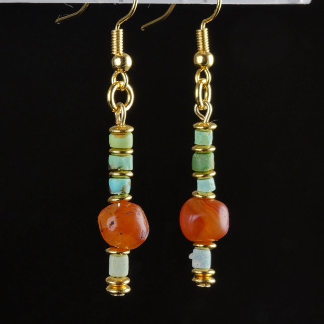 Earrings with Egyptian faience and carnelian beads