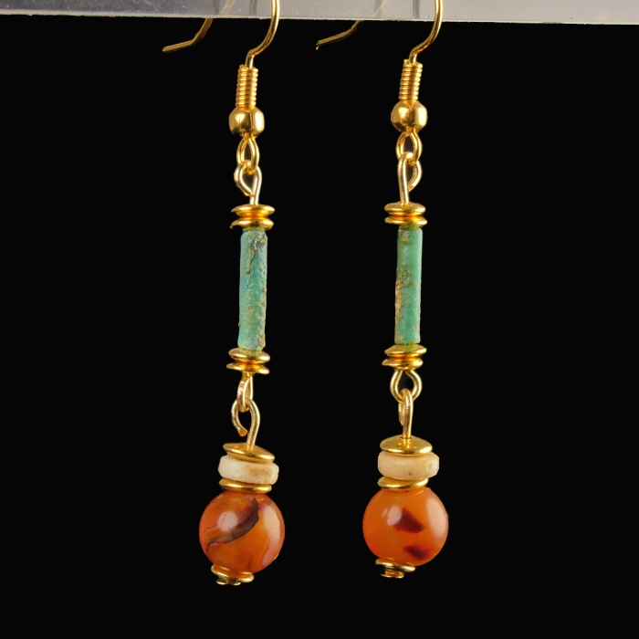 Earrings with Egyptian faience and carnelian beads