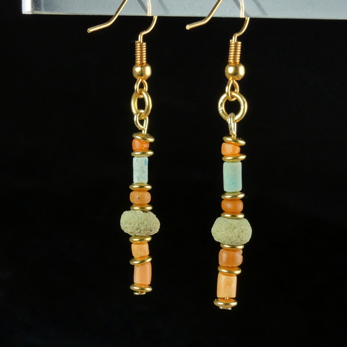 Earrings with Egyptian faience and coral beads