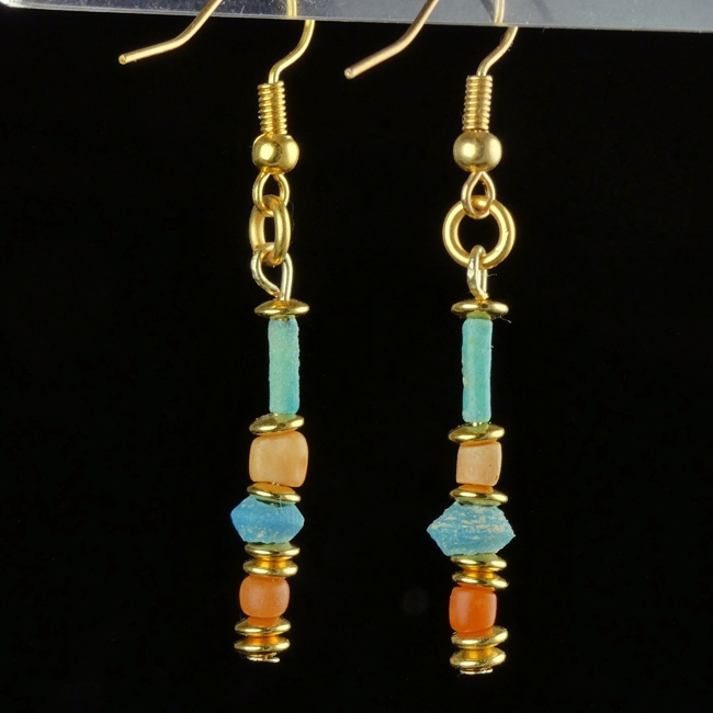 Earrings with Egyptian faience and coral beads