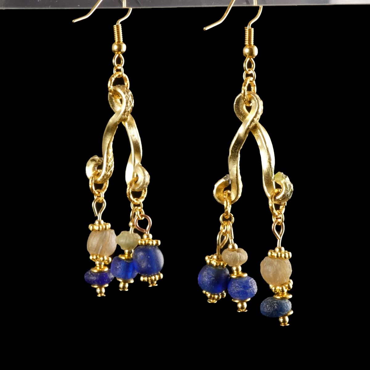 Earrings with Roman blue and semi-translucent glass beads