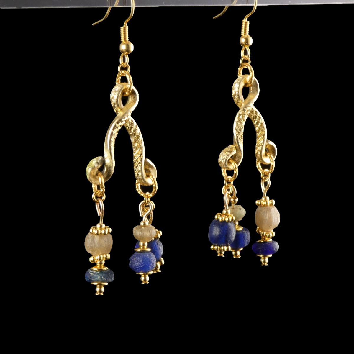 Earrings with Roman blue and semi-translucent glass beads