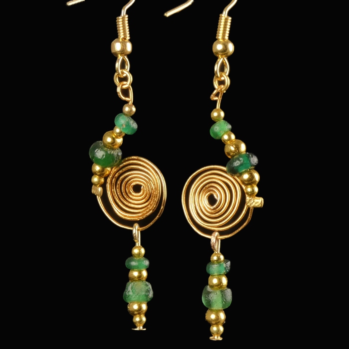 Earrings with Roman green glass beads - spiral design