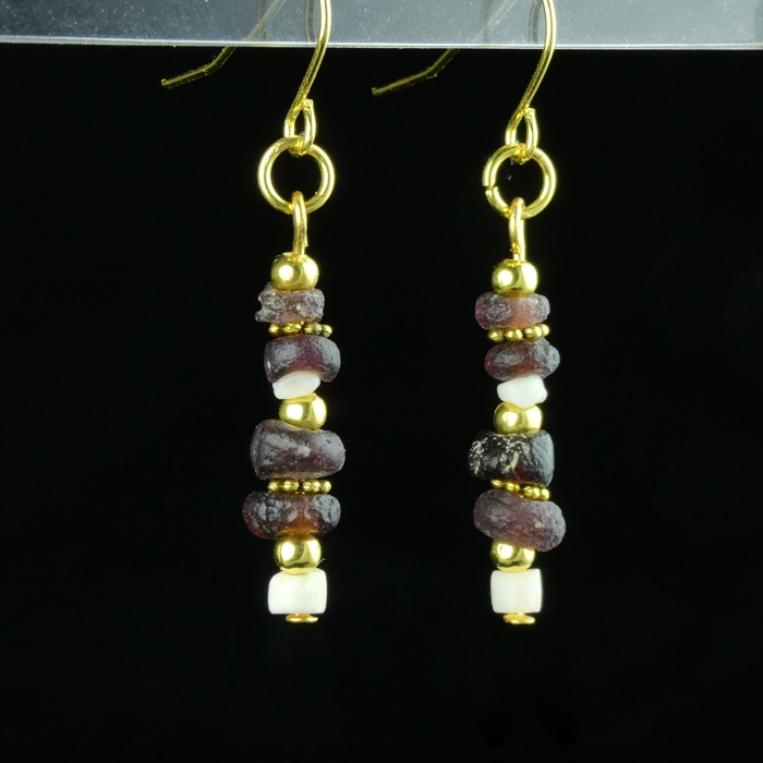 Earrings with Roman purple glass and shell beads