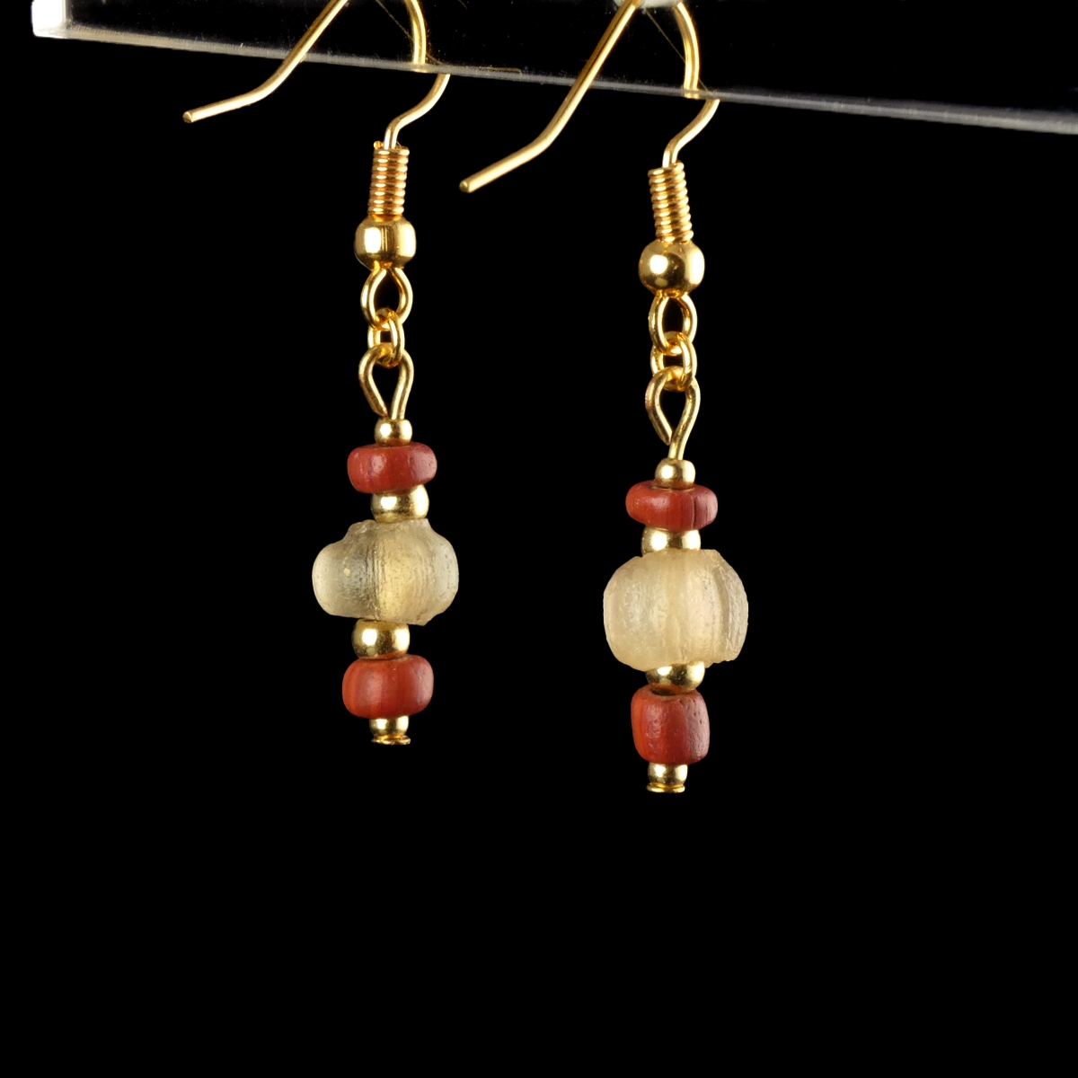 Earrings with Roman red and semi-translucent glass beads