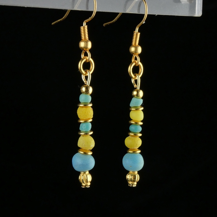 Earrings with Roman turquoise and yellow glass beads