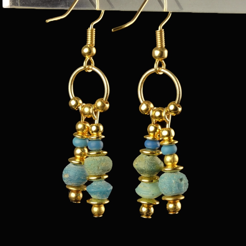 Earrings with Roman turquoise glass beads