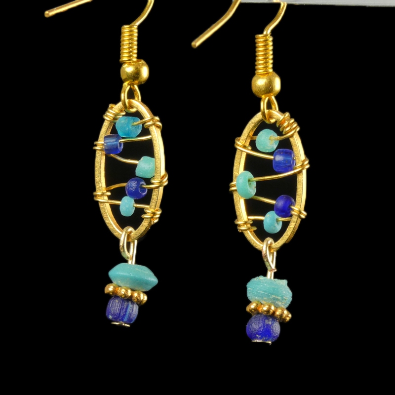 Earrings with Roman wire-wrapped blue and turquoise beads