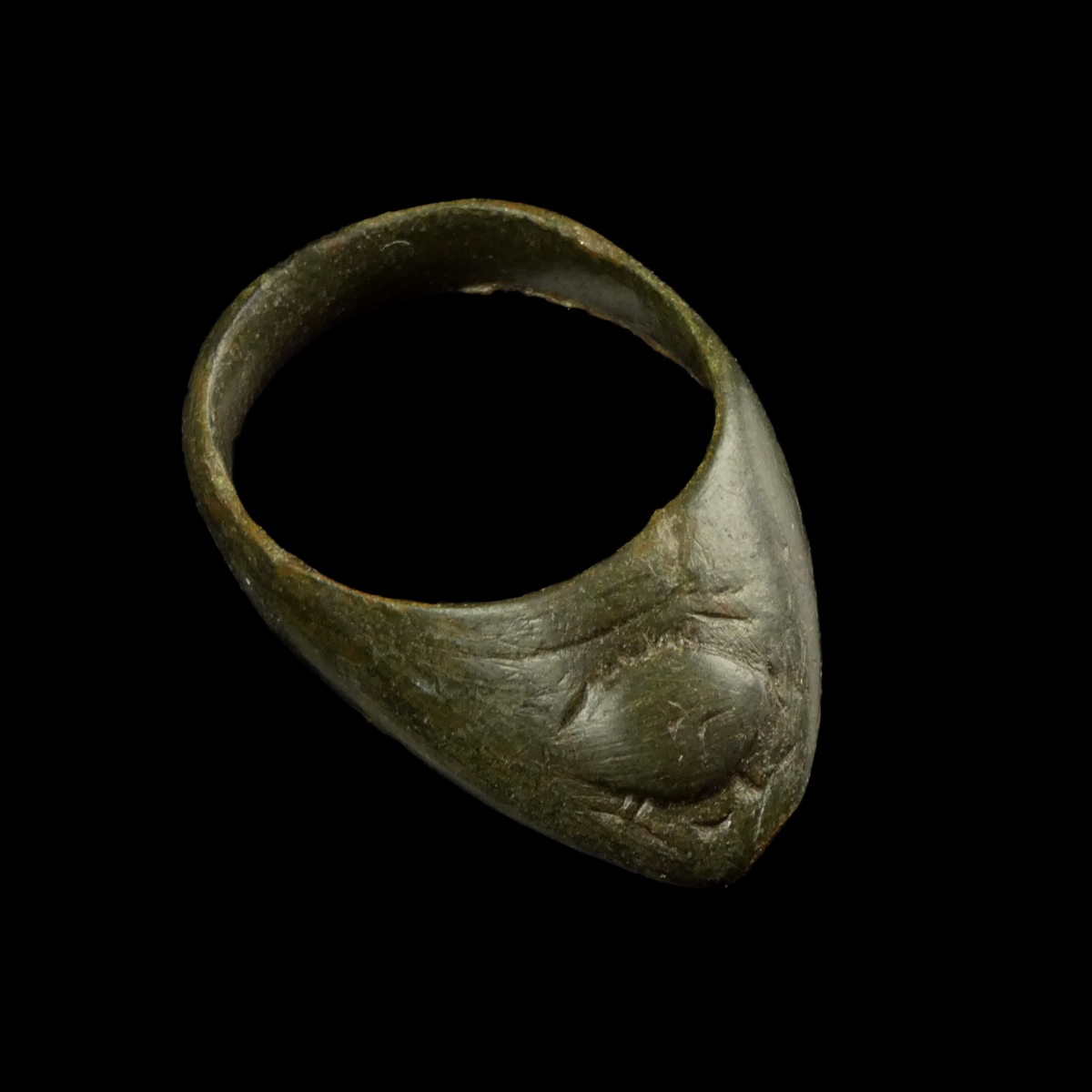 Medieval bronze Archer thumb ring with 'Evil Eye'