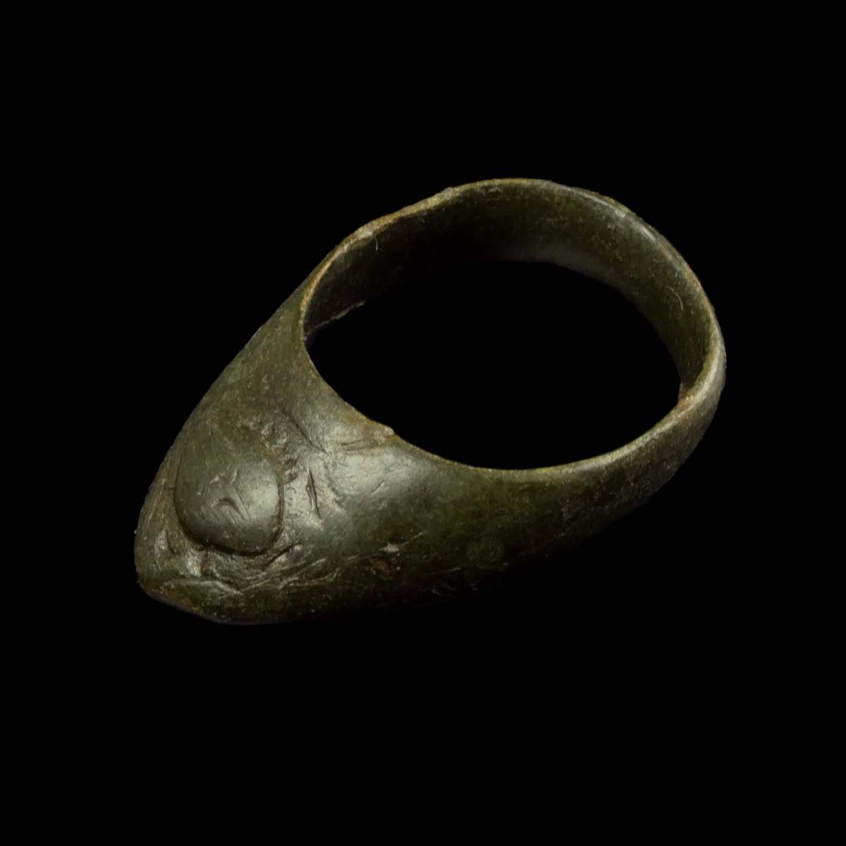 Medieval bronze Archer thumb ring with 'Evil Eye'