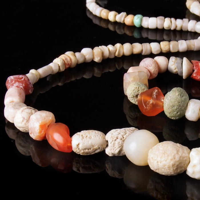 Necklace with ancient stone, crystal and carnelian beads