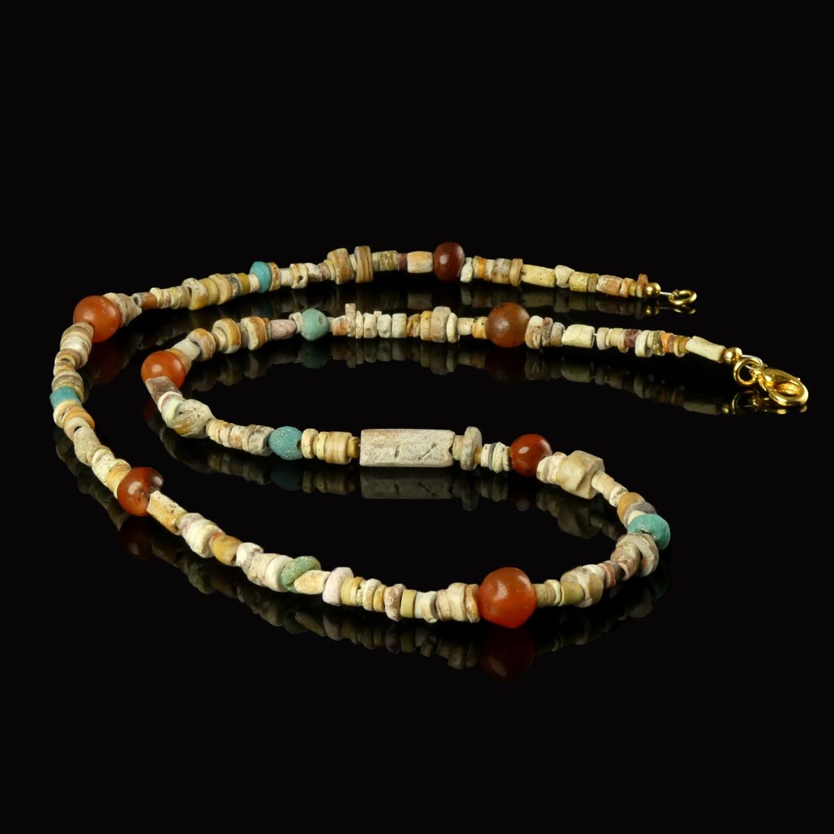 Necklace with Egyptian faience, glass, carnelian beads