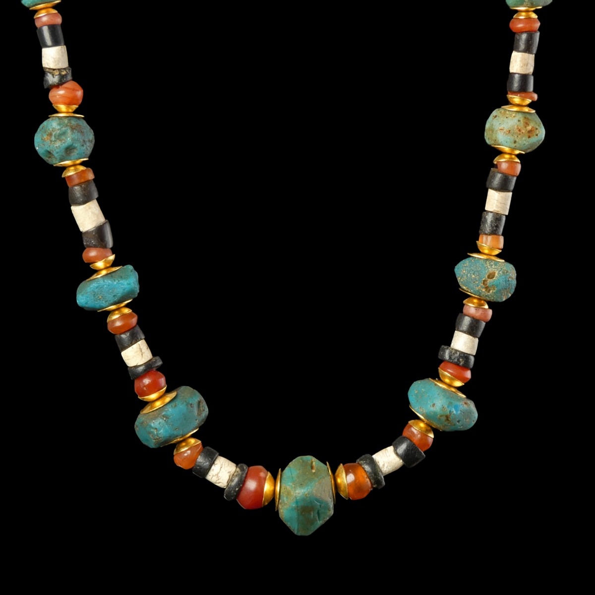 Necklace with Egyptian stone, glass and gold beads