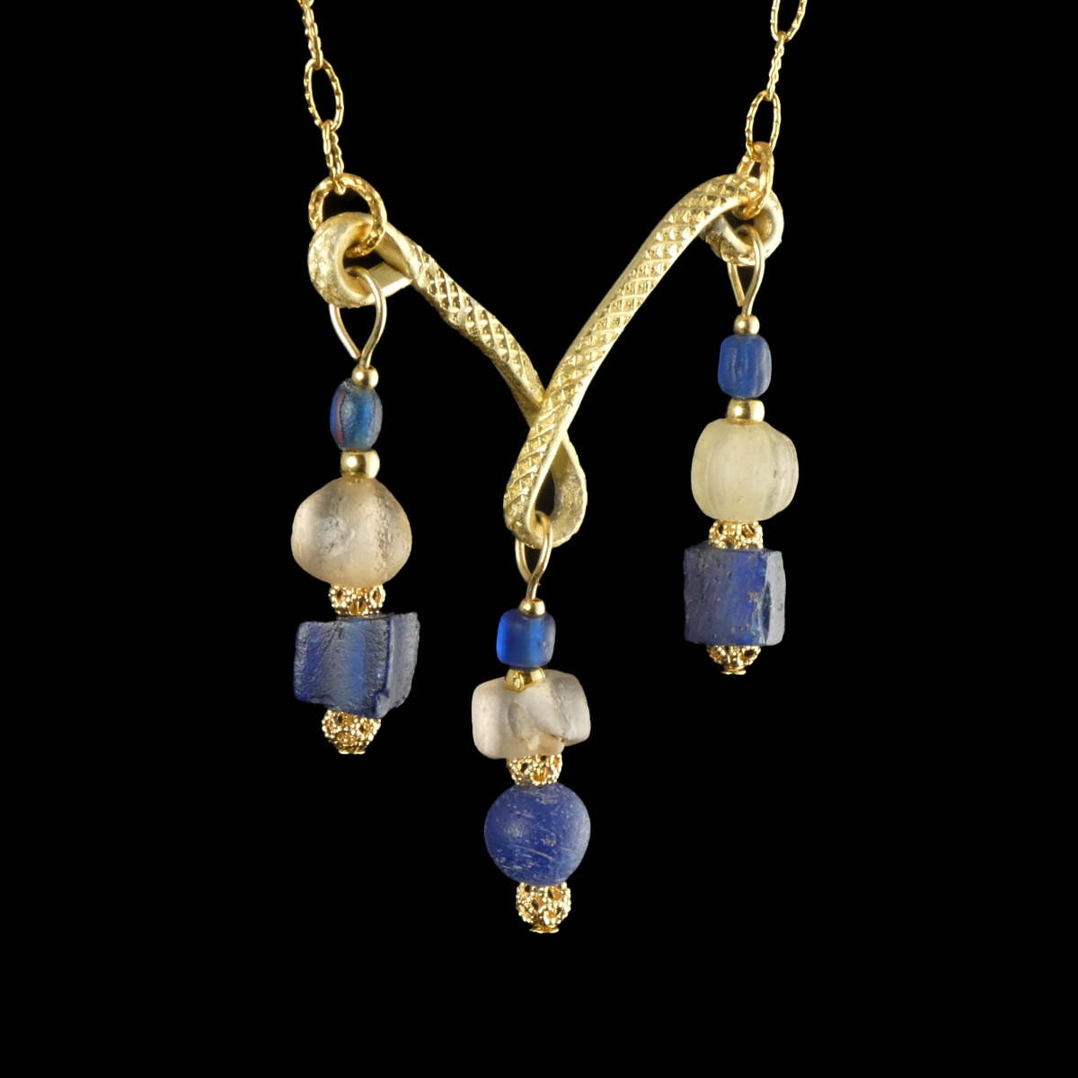 Necklace with Roman blue and semi-translucent glass beads