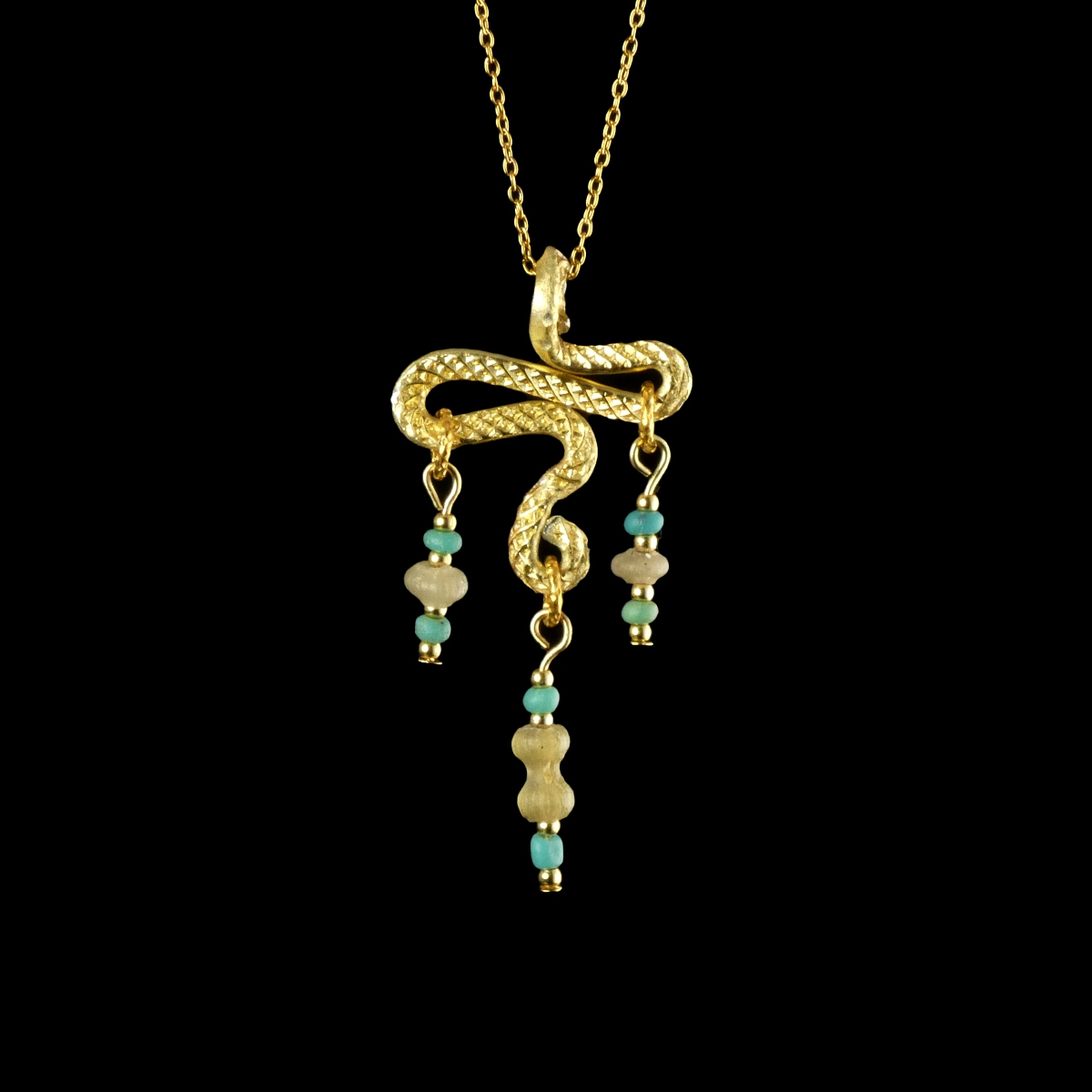 Necklace with Roman turquoise, semi-translucent glass beads