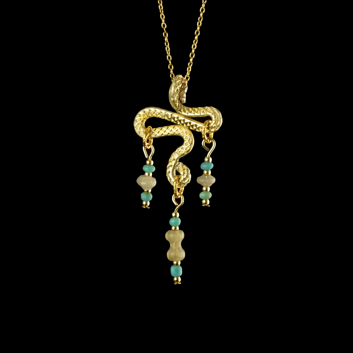 Necklace with Roman turquoise, semi-translucent glass beads