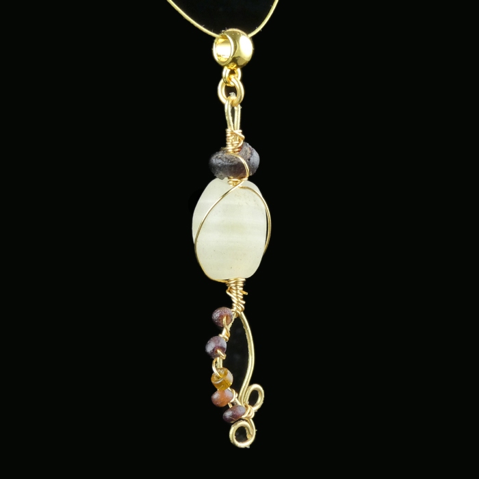 Pendant with wire-wrapped Roman purple glass and agate beads