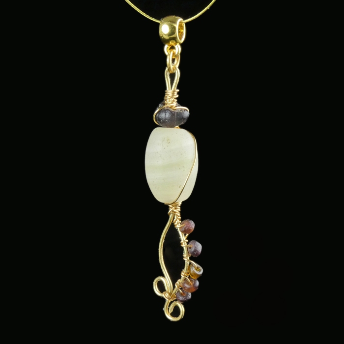 Pendant with wire-wrapped Roman purple glass and agate beads