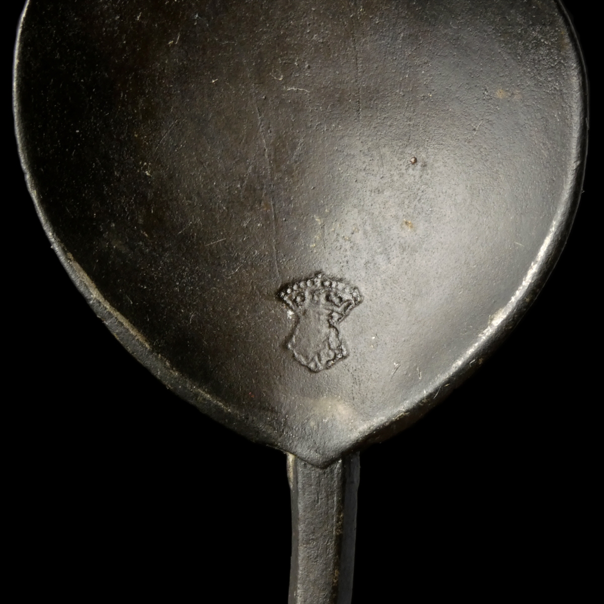 Pewter spoon with Tudor Rose mark and initials D C