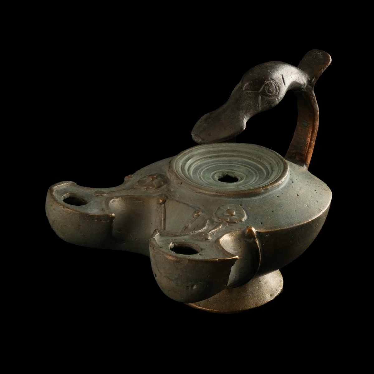 Roman bronze double-spouted oil lamp with duck head handle