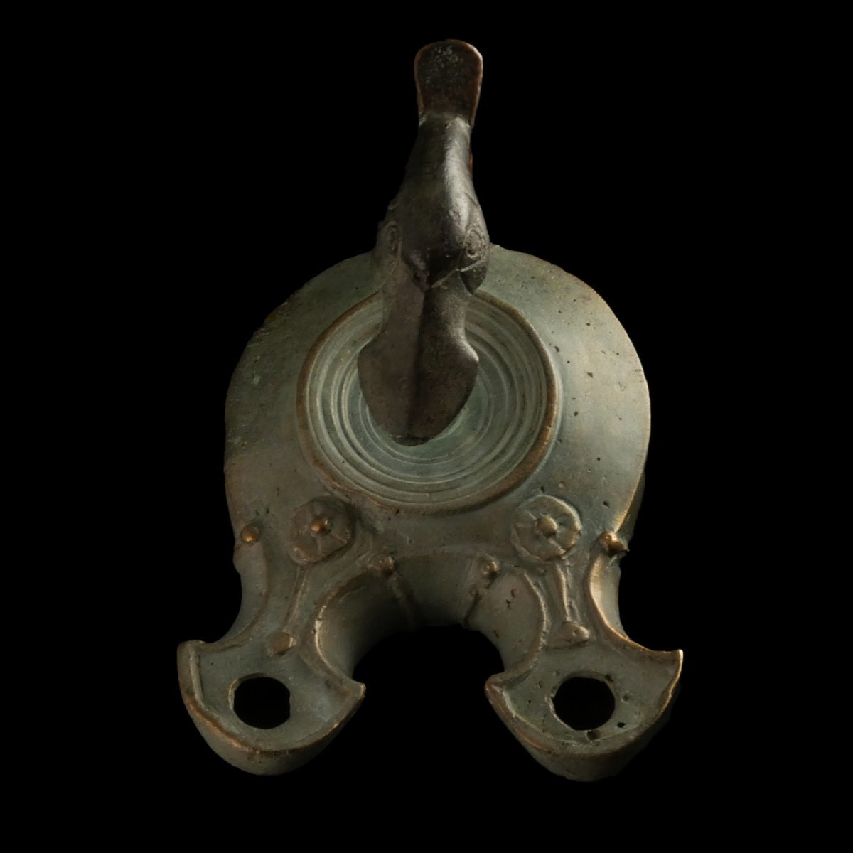 Roman bronze double-spouted oil lamp with duck head handle