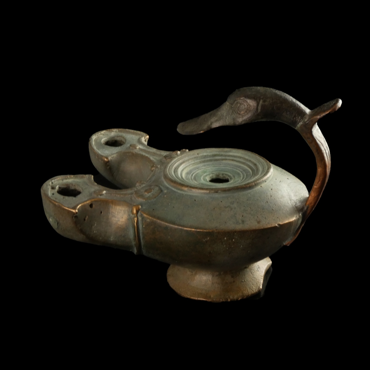 Roman bronze double-spouted oil lamp with duck head handle