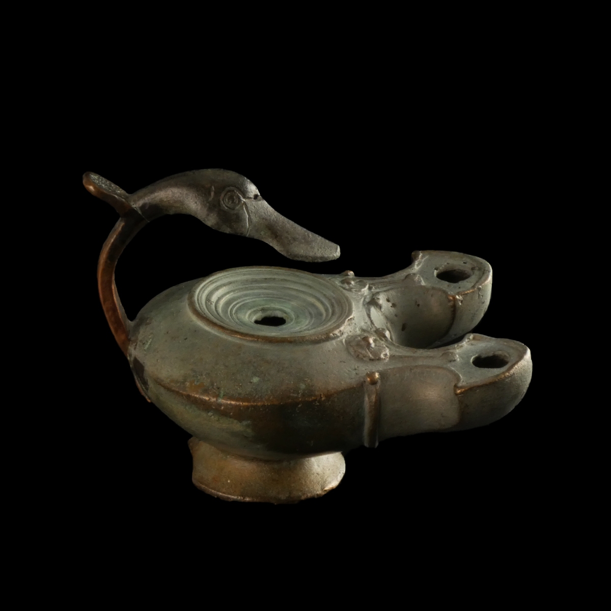 Roman bronze double-spouted oil lamp with duck head handle