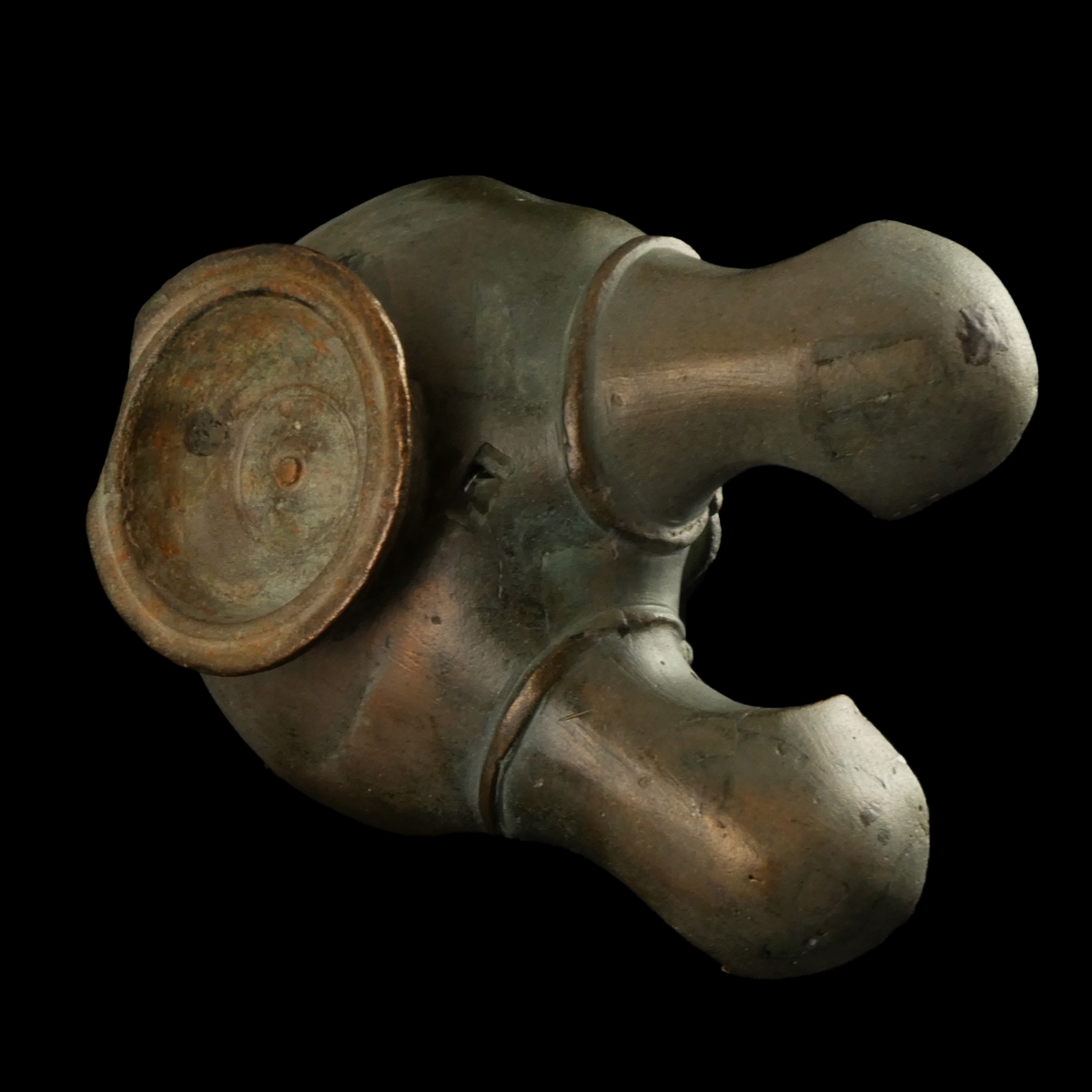 Roman bronze double-spouted oil lamp with duck head handle