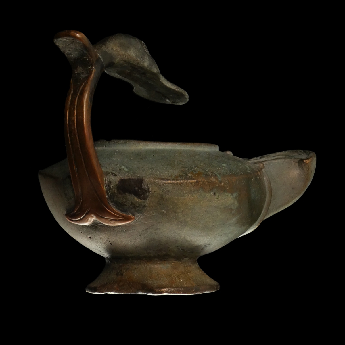 Roman bronze double-spouted oil lamp with duck head handle