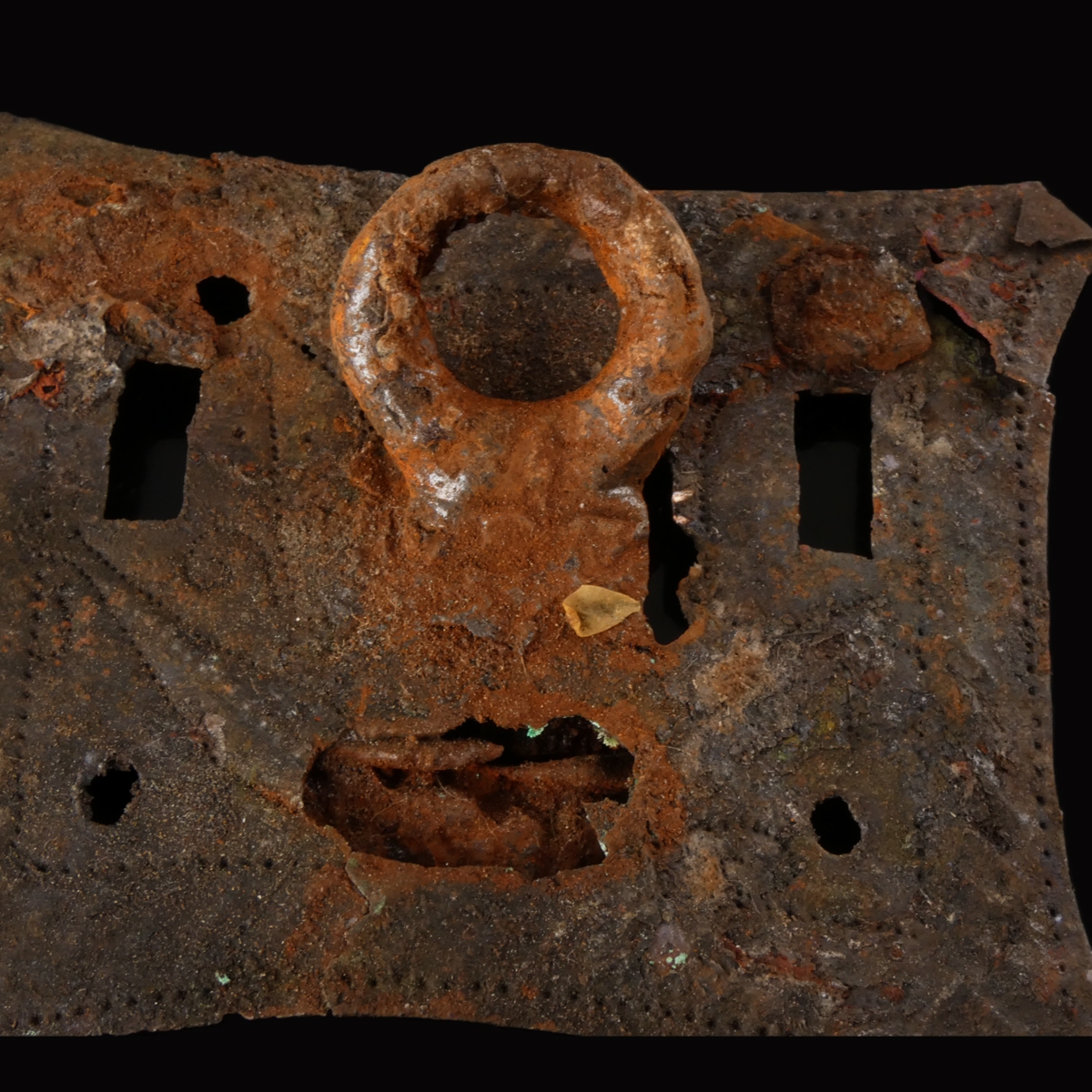 Roman bronze lock plates, one with iron key