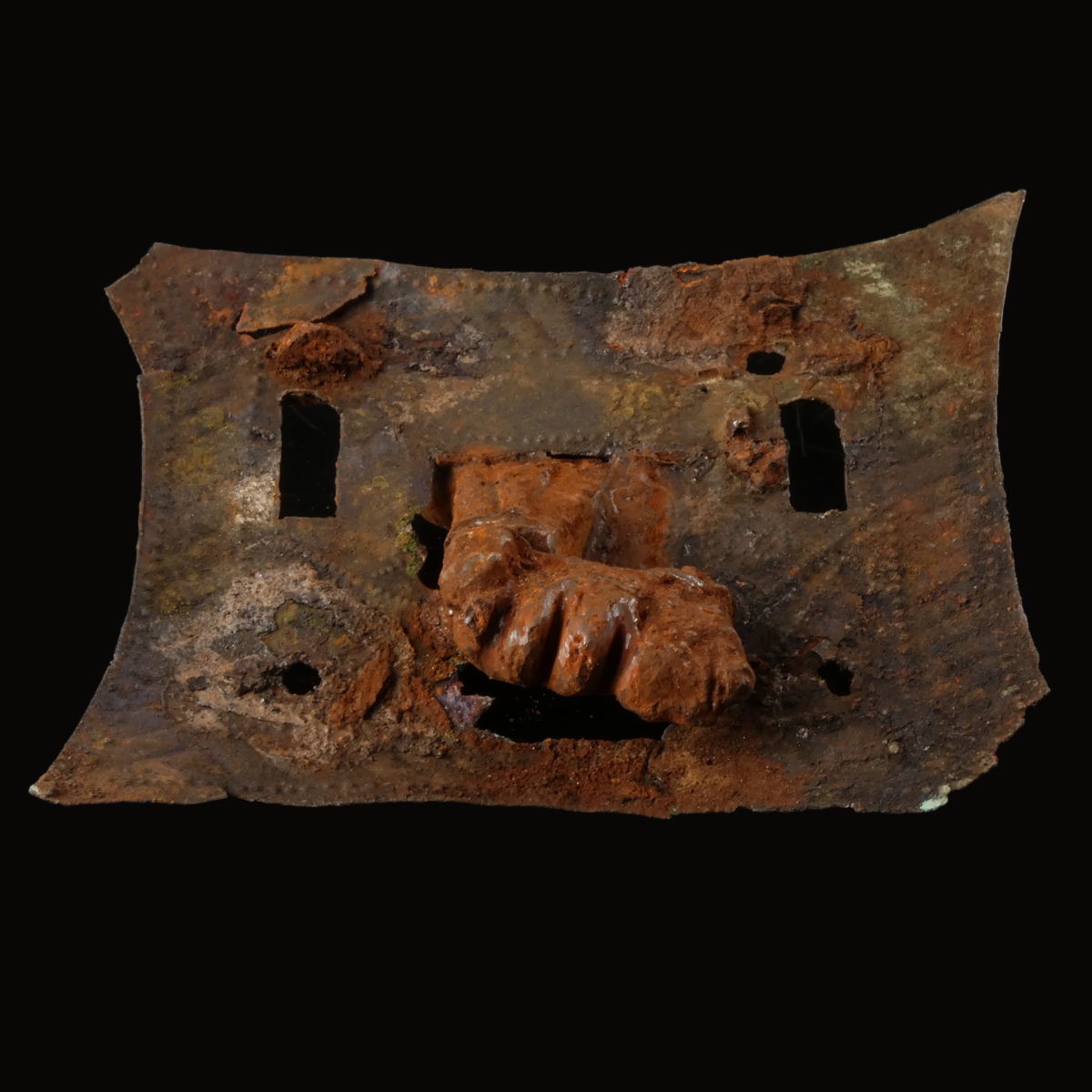 Roman bronze lock plates, one with iron key