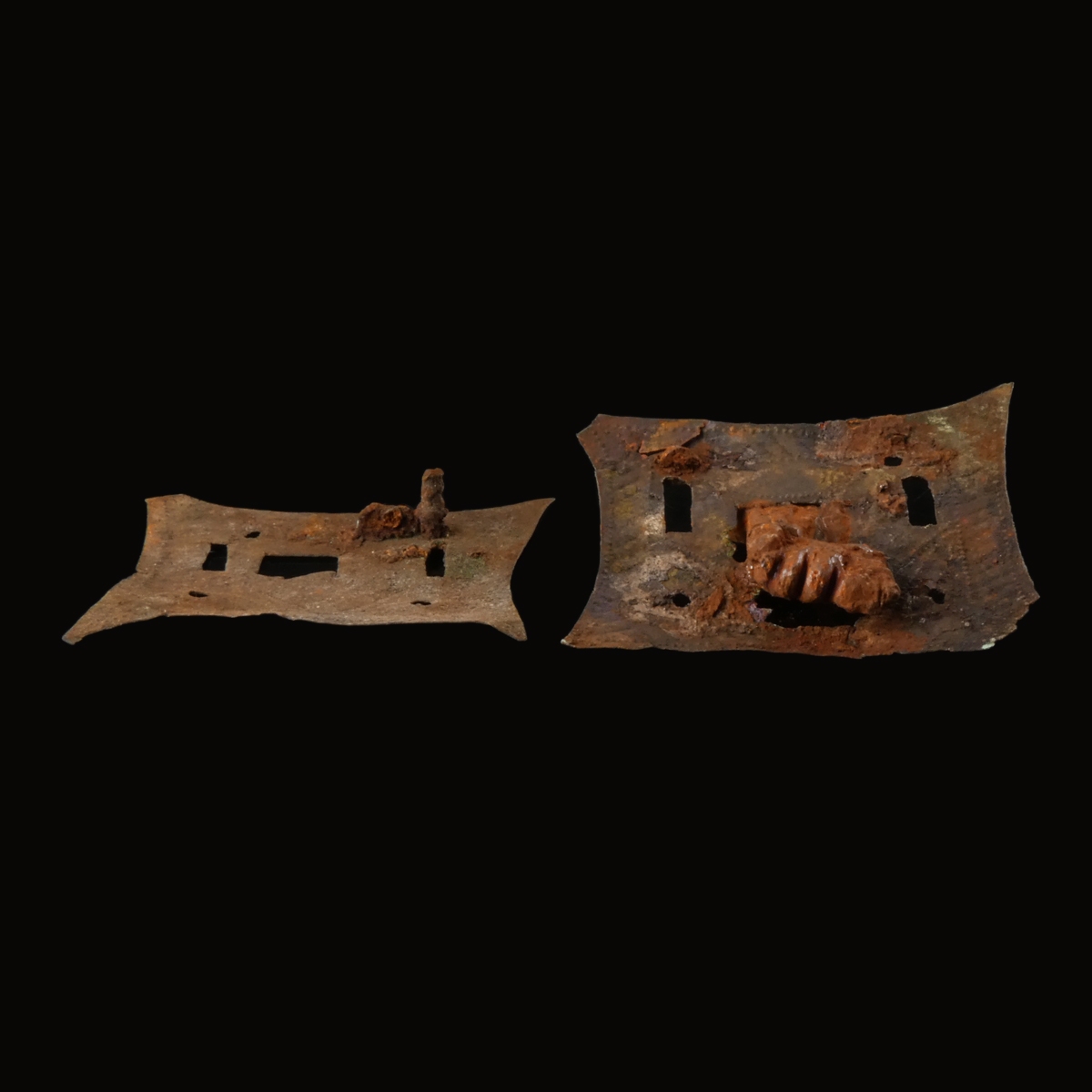 Roman bronze lock plates, one with iron key