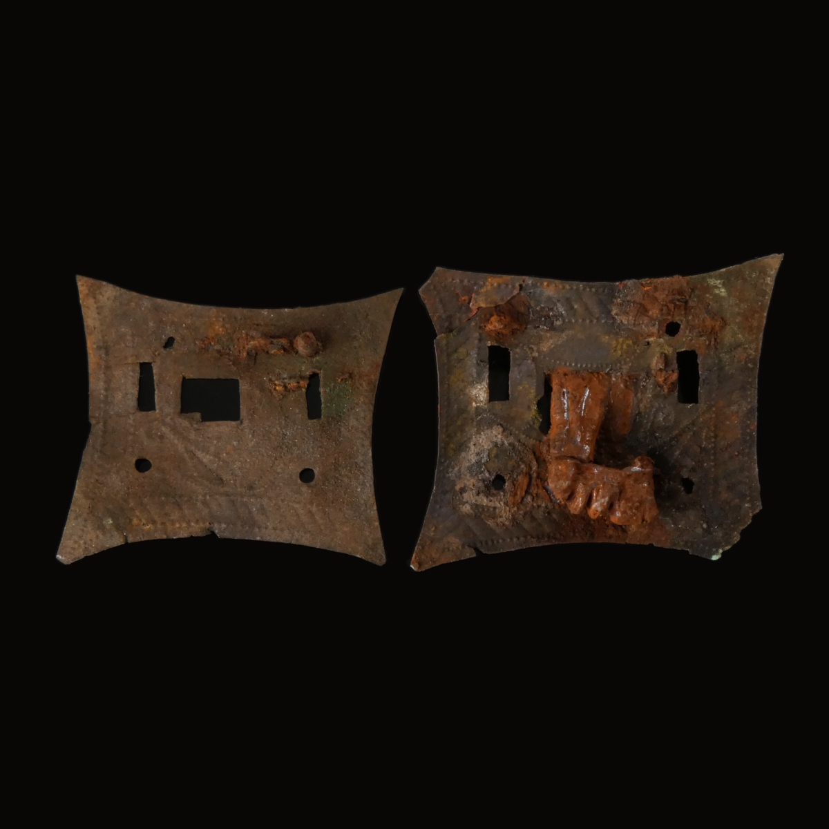 Roman bronze lock plates, one with iron key