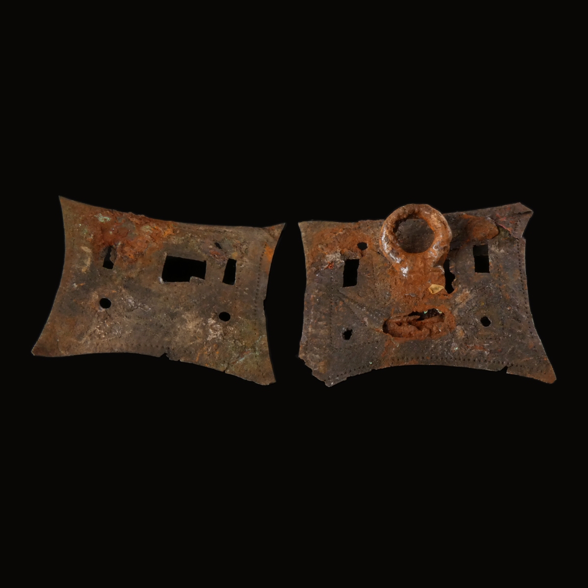 Roman bronze lock plates, one with iron key