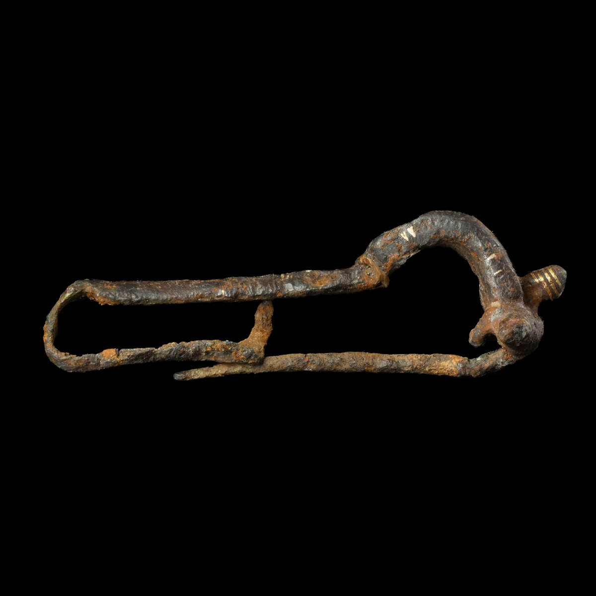 Roman iron fibula with gold inlay, rare